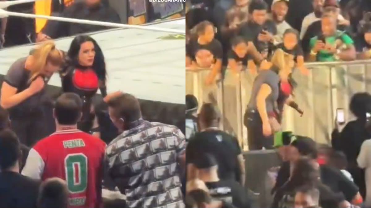 Stephanie Vaquer needs help to reach the back after Money in the Bank match